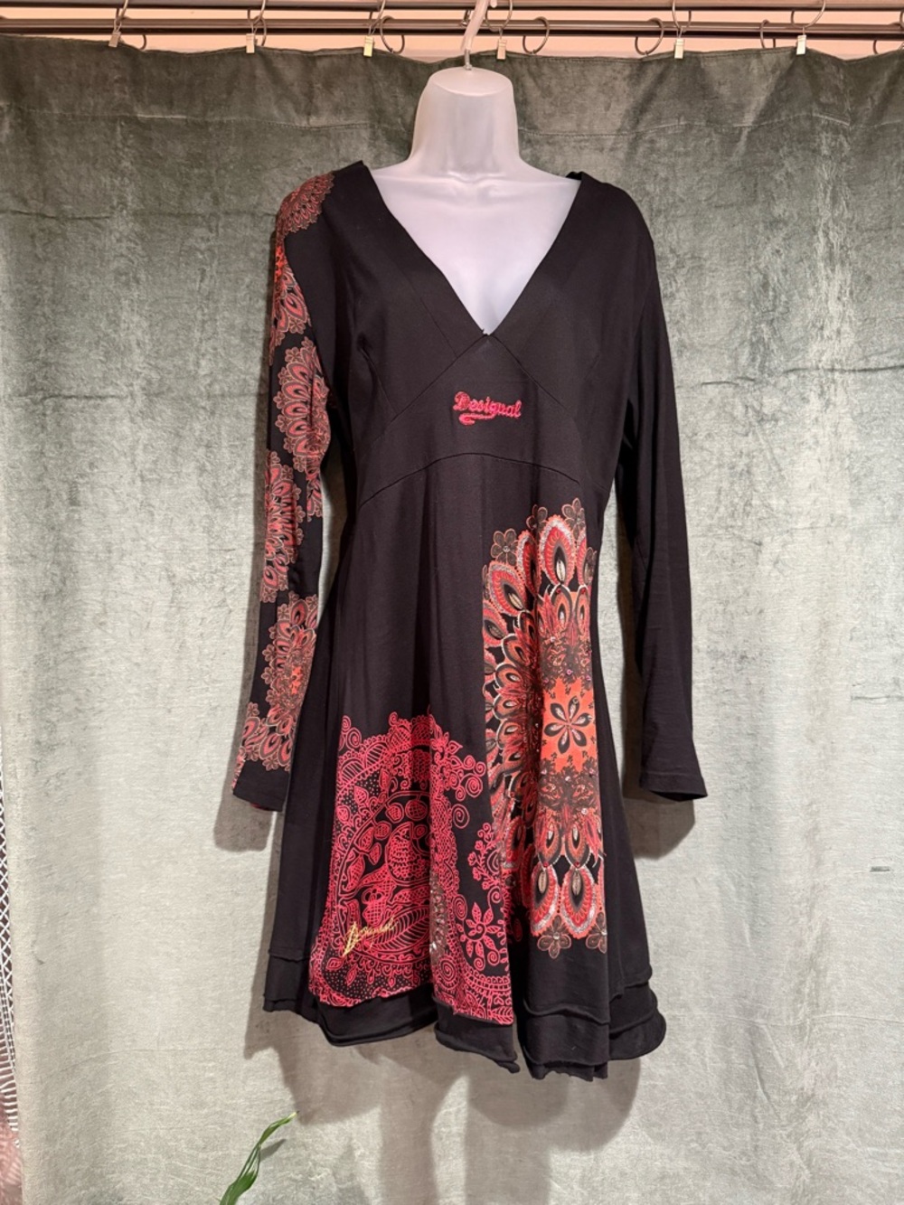 Desigual Black Long-Sleeve V-Neck Dress with Red Paisley Accents
